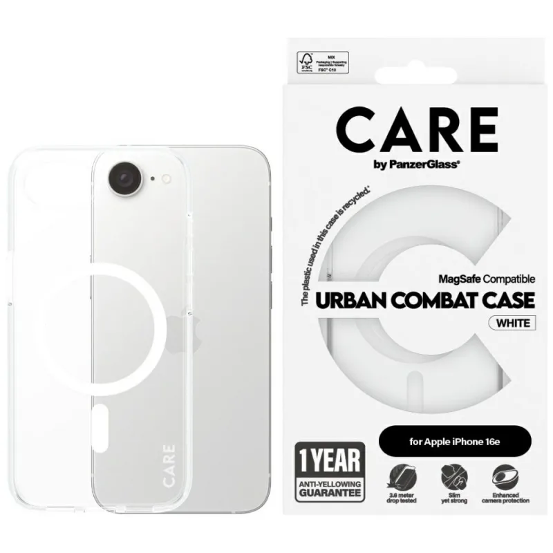 CARE by PanzerGlass Flagship Urban Combat White Puzdro MagSafe iPhone 16e – priehľadné
