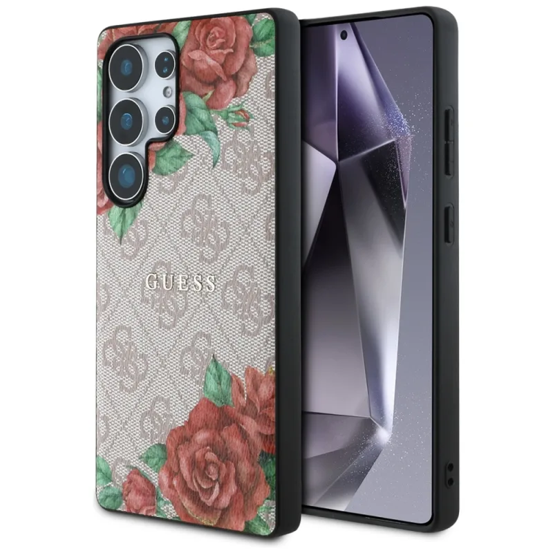 Guess Leather 4G Flowers Print Metal Classic Logo MagSafe Case pre Samsung Galaxy S25 Ultra – ružové