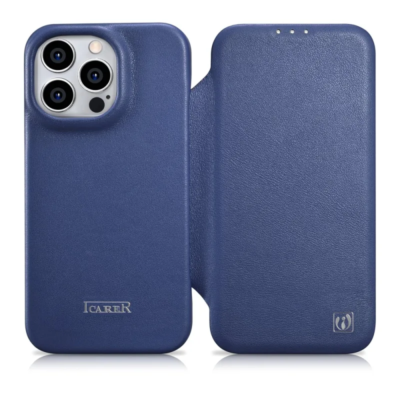 Prémiové kožené fóliové puzdro iCarer CE iPhone 14 Pro magnetické flipové kožené puzdro MagSafe modré (WMI14220714-BU)