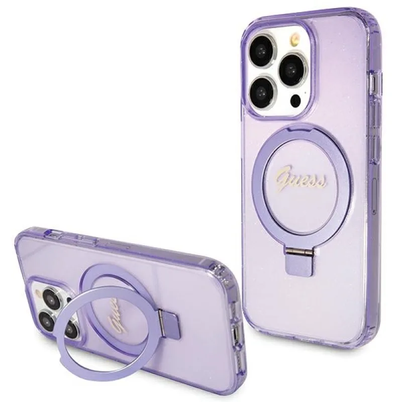 Puzdro Guess Ring Stand Script Glitter MagSafe pre iPhone 15 Pro - fialové