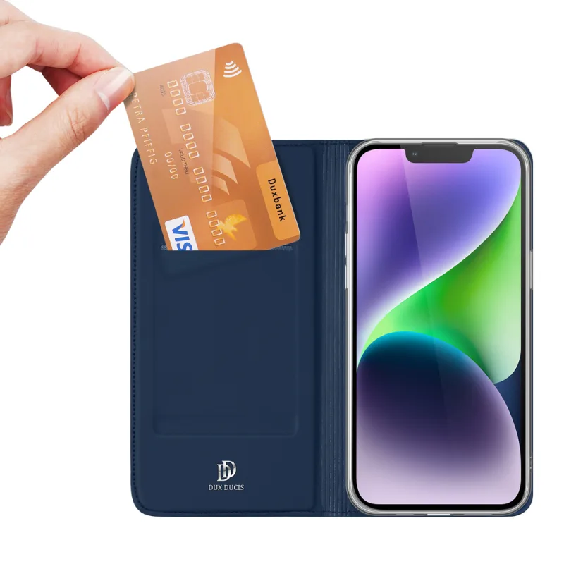 Peňaženka Dux Ducis Skin Pro pre iPhone 15 Plus – modrá