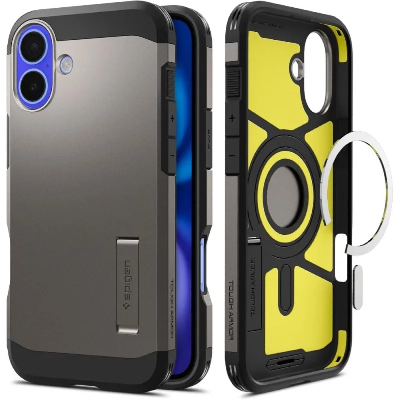 Puzdro Spigen Tough Armor MagSafe so stojanom pre iPhone 16 - gunmetal