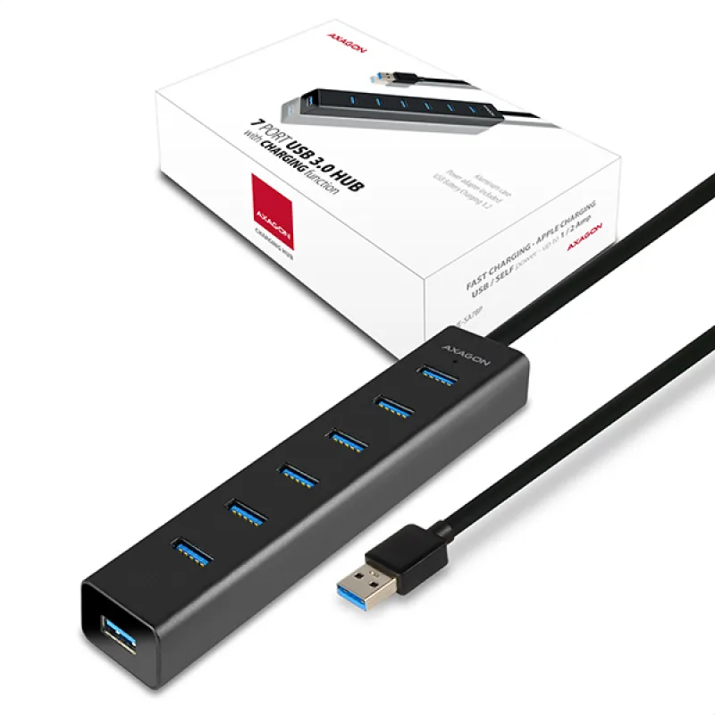 AXAGON HUE-SA7BP, 7x USB 3.0 ALU CHARGING hub, vr. AC adaptéra, kábel USB…