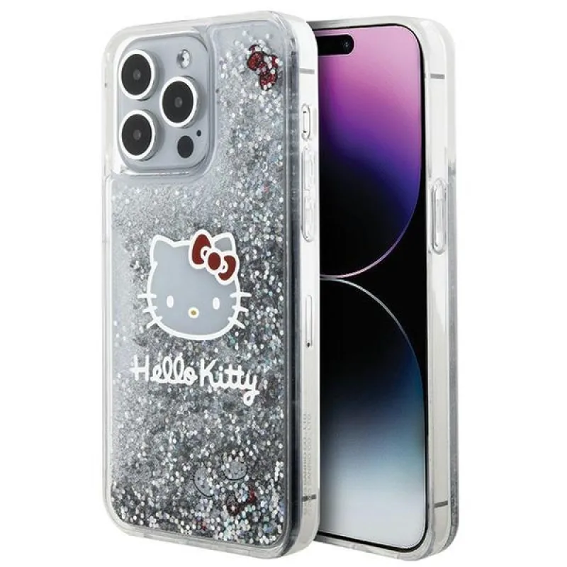 Puzdro Hello Kitty Liquid Glitter Charms Kitty Head pre iPhone 15 Pro Max - strieborné
