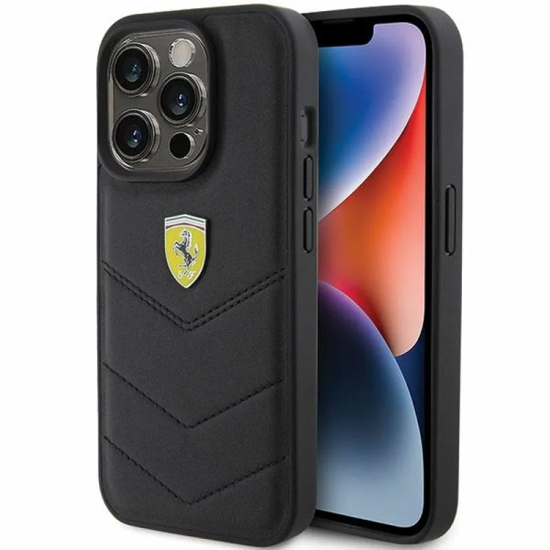 Kryt Ferrari Quilted Metal Logo pre iPhone 15 Pro - čierny