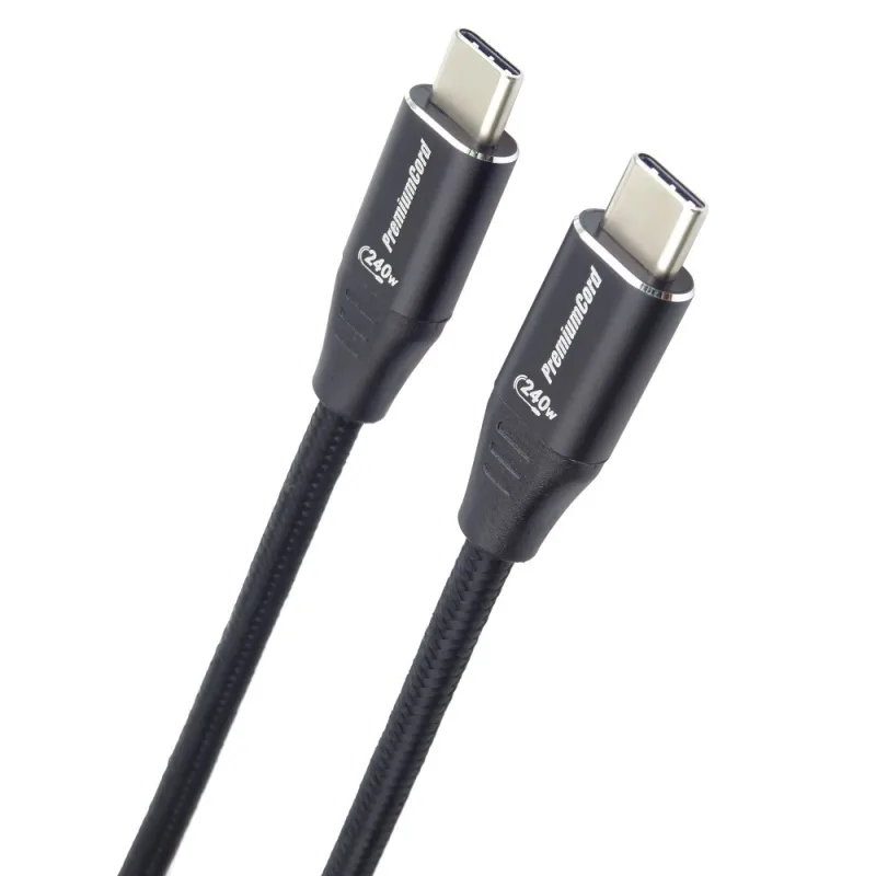 PREMIUMCORD Kabel USB-C M/ M, 240W 480Mbps černý bavlněný oplet, 0, 5m…