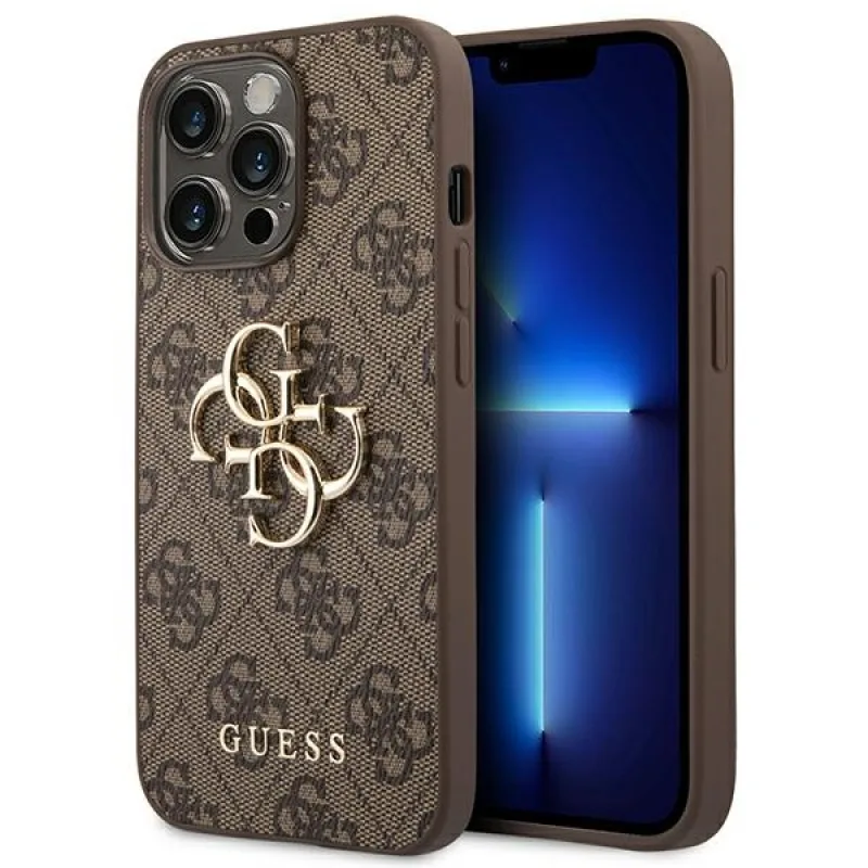 Guess 4G veľké kovové logo puzdro pre iPhone 14 Pro - hnedé