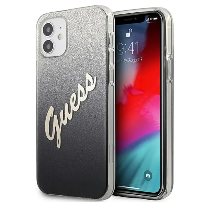Guess GUHCP12SPCUGLSBK iPhone 12 mini 5,4" čierne/čierne pevné puzdro Glitter Gradient Script