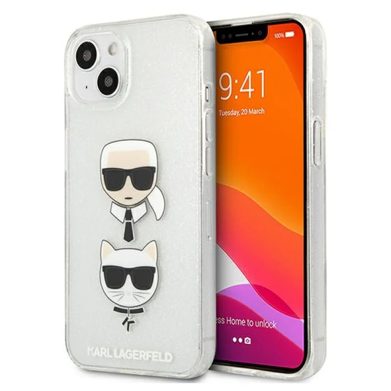 Karl Lagerfeld Glitter puzdro Karl's & Choupette Head pre iPhone 13 mini - strieborné