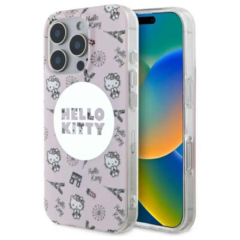 Puzdro Hello Kitty IML All Over Paris Magsafe pre iPhone 16 Pro Max – ružové
