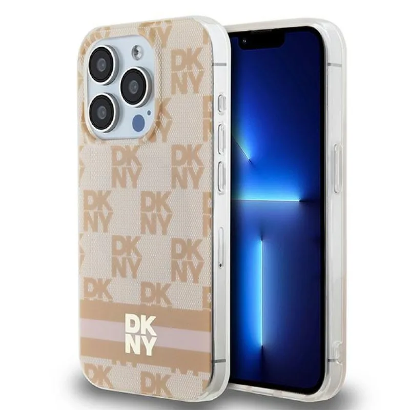 DKNY IML kockovaný mono vzor a vytlačené pruhy MagSafe puzdro pre iPhone 15 Pro Max - ružové