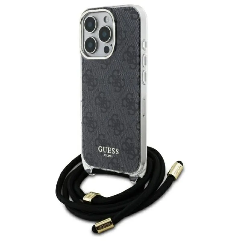 Puzdro Guess Crossbody Cord 4G Print Case so šnúrkou pre iPhone 16 Pro – čierne