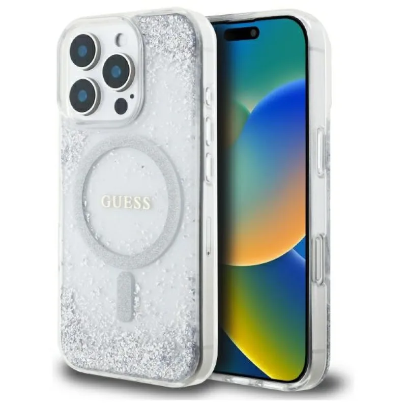 Guess Resin Gradient Glitter MagSafe puzdro pre iPhone 16 Pro - strieborné