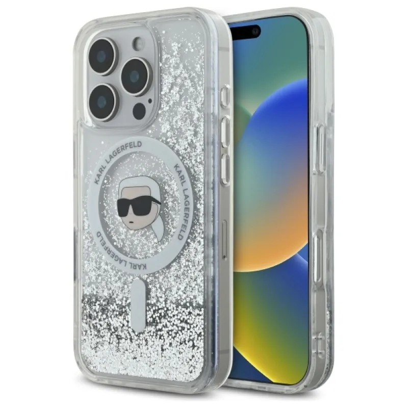 Karl Lagerfeld Tekuté glitrové puzdro Karl Head Magsafe pre iPhone 16 Pro – priehľadné