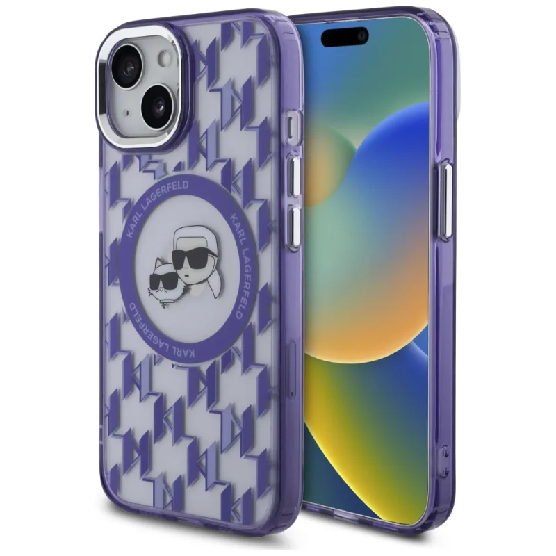 Karl Lagerfeld IML Monogram Karl & Choupette Head MagSafe iPhone 15 Puzdro – fialové