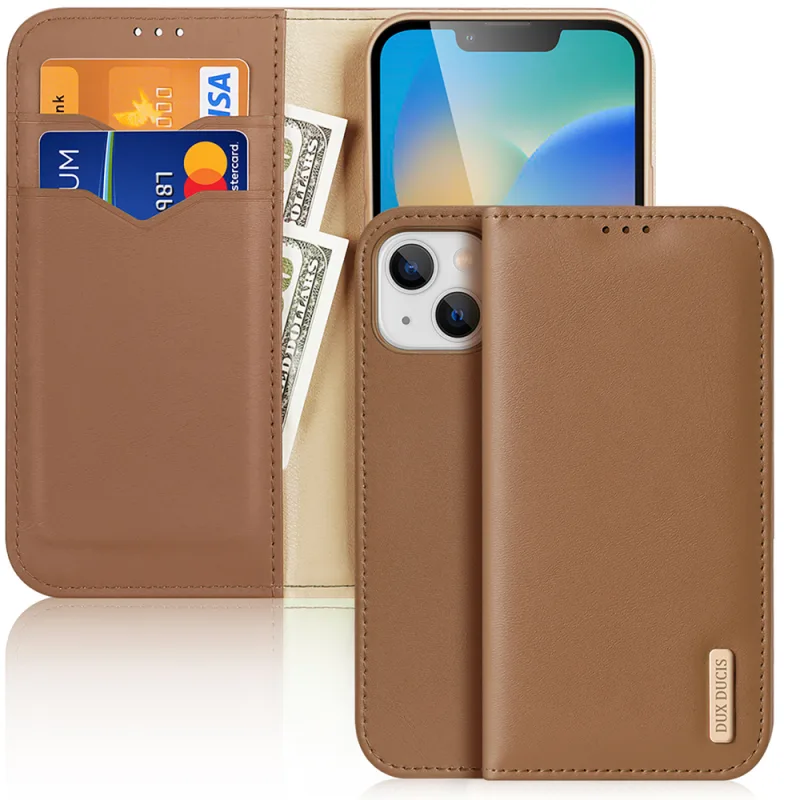Dux Ducis Hivo Leather Flip Cover Originálna kožená peňaženka na karty a dokumenty iPhone 14 Plus hnedá