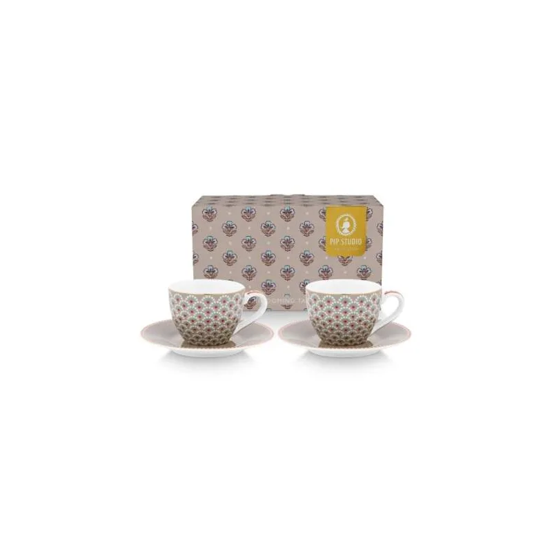 Pip Studio Blooming Tales sada 2ks šálků s podšálky 100ml, khaki