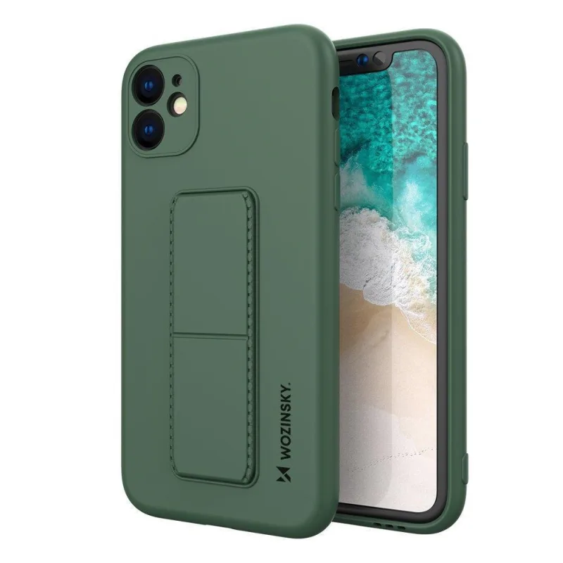 Wozinsky Kickstand Case iPhone 12 Pro Max silikónové puzdro so stojanom tmavo zelené