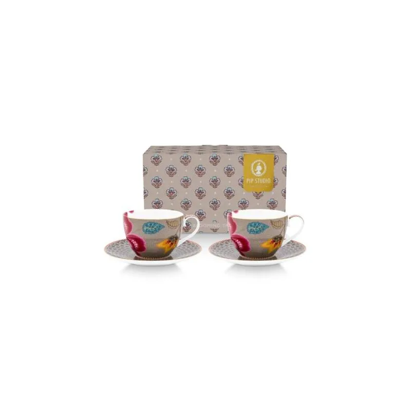 Pip Studio Blooming Tales sada 2ks šálků s podšálky 270ml, khaki
