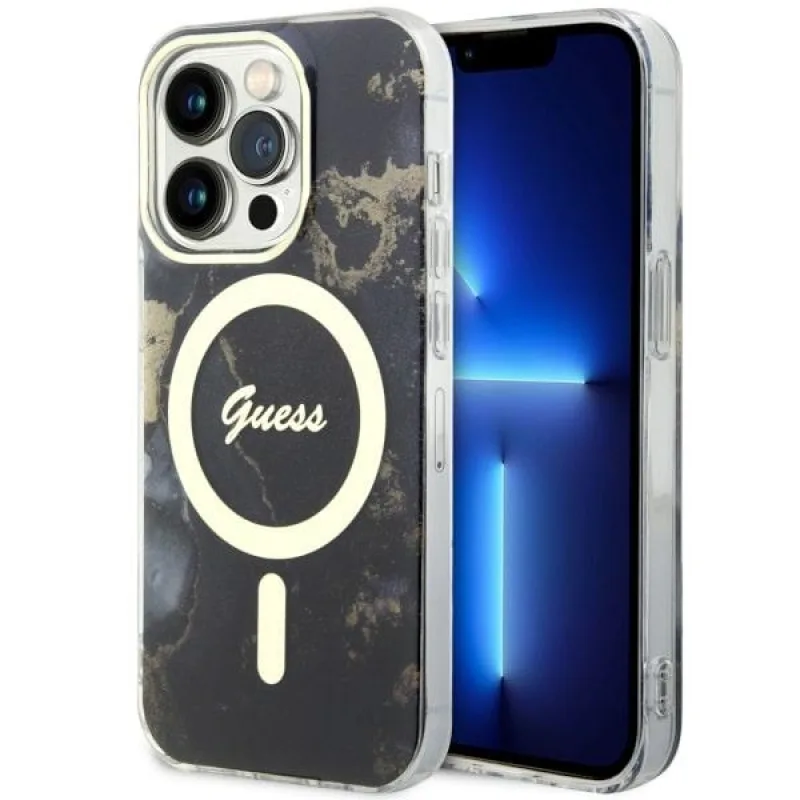 Guess GUHMP14XHTMRSK iPhone 14 Pro Max 6,7" čierno-čierne pevné puzdro Golden Marble MagSafe