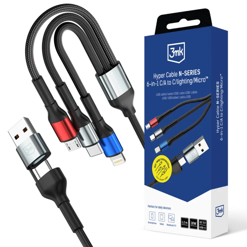 3mk Hyper kábel N-SERIES 6 v 1 USB-C / USB-A na USB-C / Lightning / Micro 1,2 m QC 3,0 9V / 2A 18W - čierny