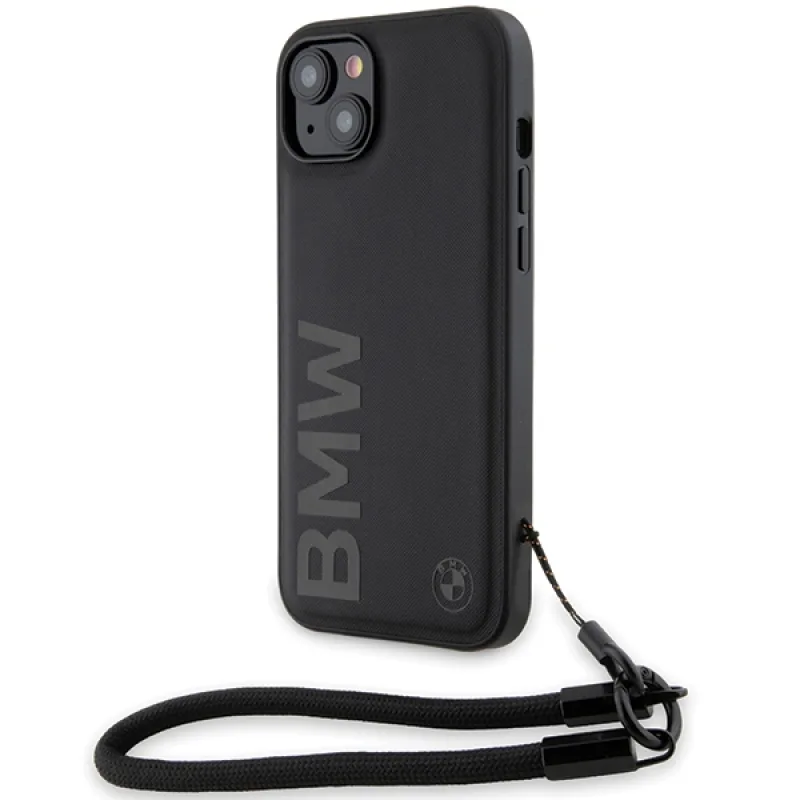 BMW Signature Leather Wordmark Cord puzdro pre iPhone 15 Plus / 14 Plus - čierne