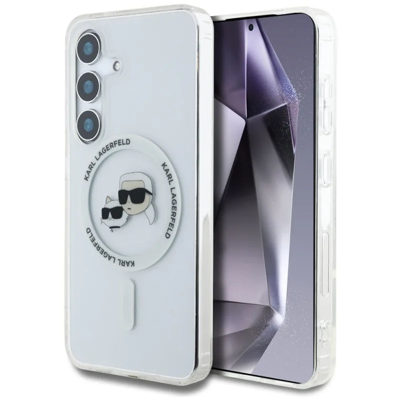 Puzdro Karl Lagerfeld Tlačidlo Karl & Choupette hlavy Tlačené logo MagSafe Samsung Galaxy S25 Plus biela