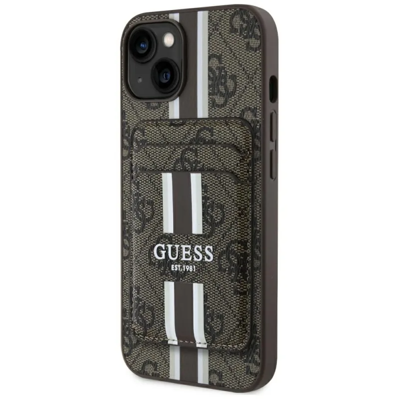 Puzdro Guess 4G Stripes s peňaženkou Magsafe pre iPhone 15 hnedé