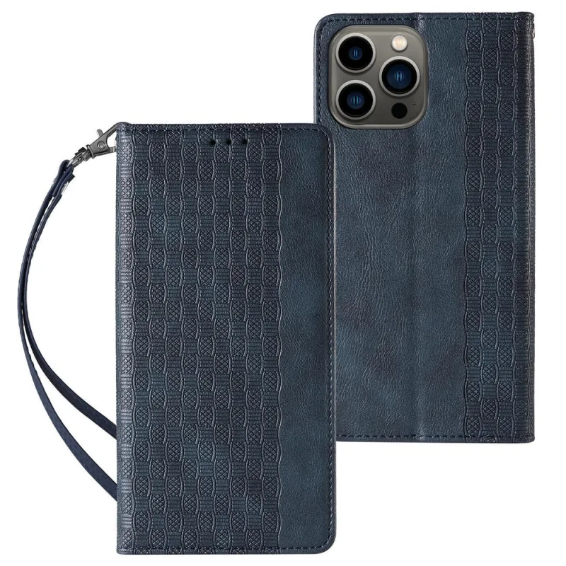 Magnet Strap Case Case pre iPhone 14 Pro Max Flip Wallet Mini stojan na šnúrku modrý
