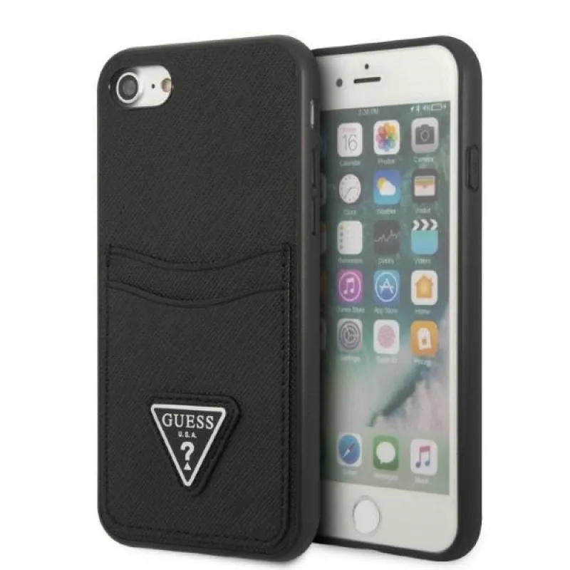Pevné puzdro Guess GUHCI8PSATPK iPhone 7/8 SE 2020 / SE 2022 čierne/čierne pevné puzdro Saffiano Triangle Logo Slot na karty