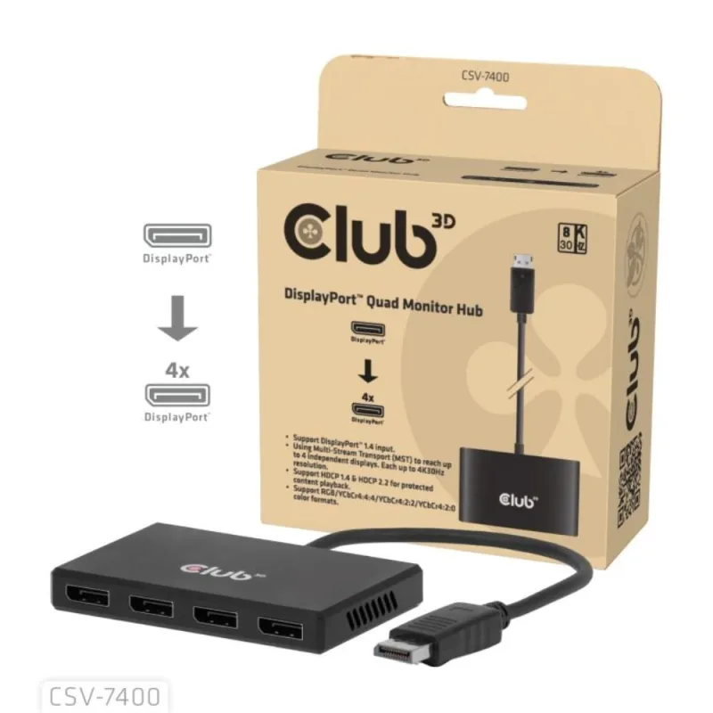 Club3D hub MST (Multi Stream Transport) DisplayPort 1.4 na 4x DisplayPort…