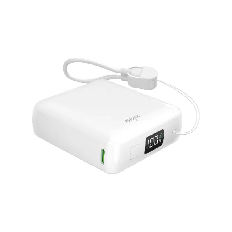 Puro 10000mAh 20W USB-C USB-A power banka s displejom a vstavaným USB-C káblom – biela