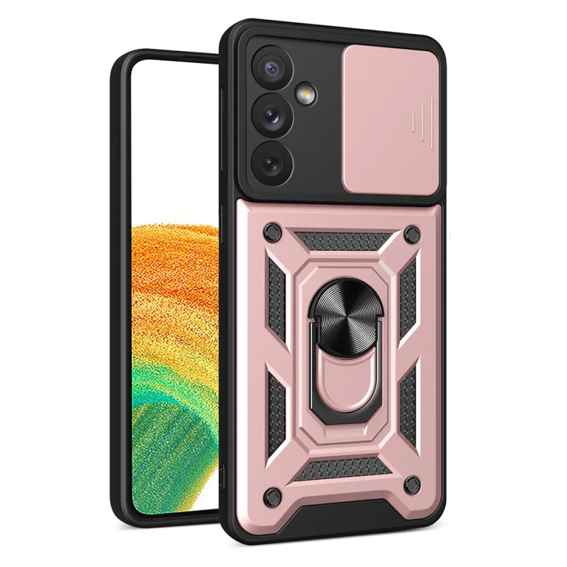 Pancierové puzdro Hybrid Armor Camshield pre Samsung Galaxy A14 s krytom fotoaparátu ružové