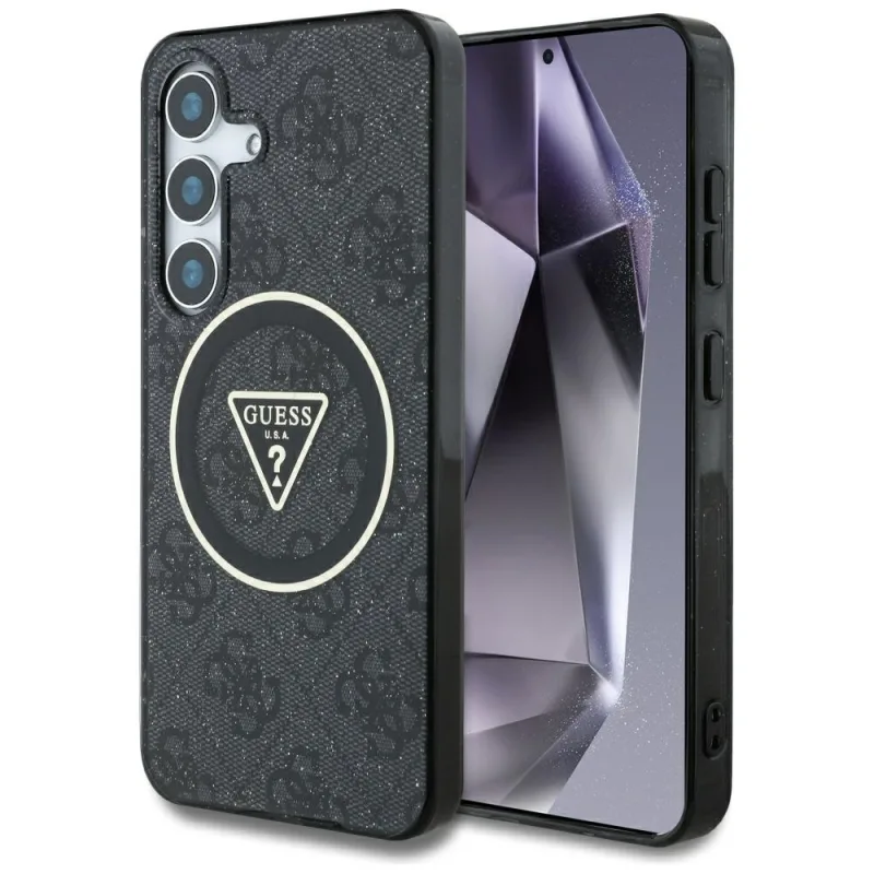 Puzdro Guess 4G Glitter Triangle Buttons MagSafe pre Samsung Galaxy S25 black