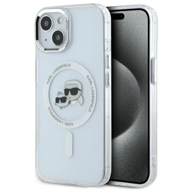 Karl Lagerfeld IML kovové puzdro Karl&Choupette Head MagSafe iPhone 15 – biele