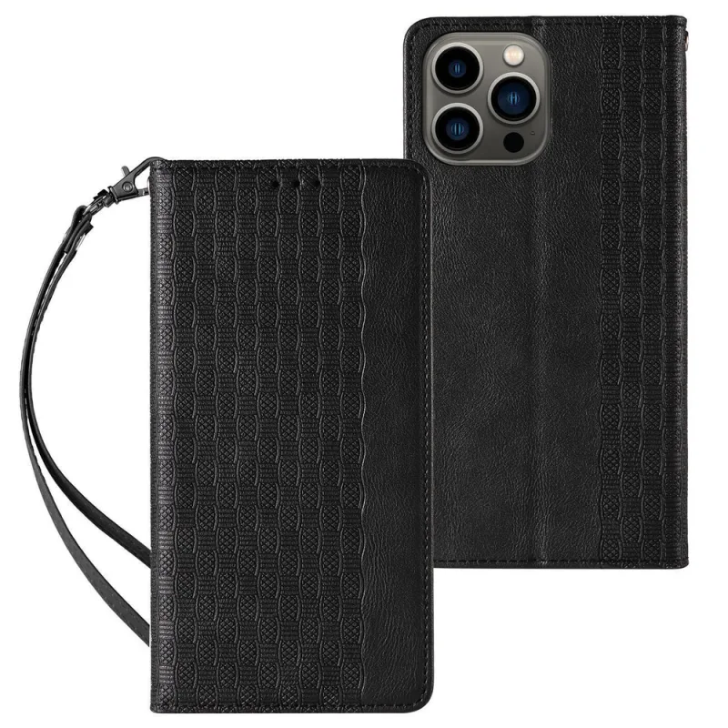 Puzdro s magnetickým popruhom pre Samsung Galaxy S23 Ultra Flip Wallet Mini stojan na šnúrku čierne