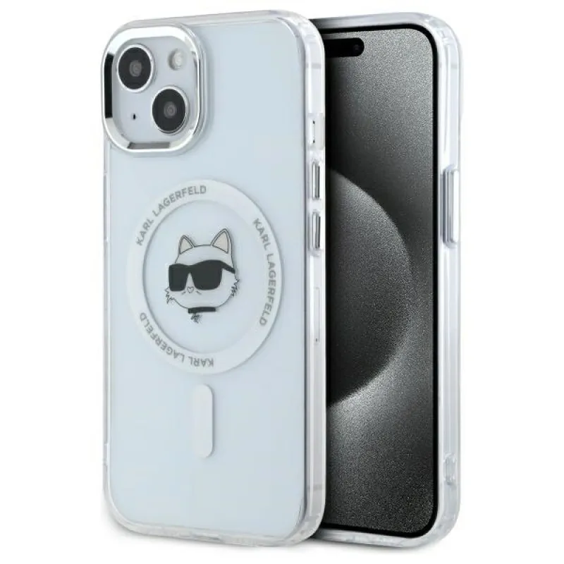 Karl Lagerfeld IML Metal Choupette Head Puzdro MagSafe iPhone 15 Plus – biele