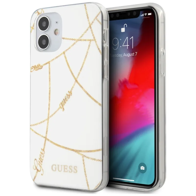 Guess GUHCP12SPCUCHWH iPhone 12 mini 5,4" bielo/biele pevné puzdro Gold Chain Collection