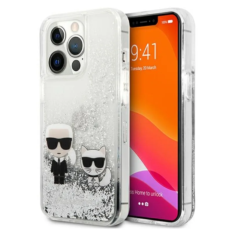 Karl Lagerfeld Liquid Glitter puzdro Karl&Choupette pre iPhone 13 Pro Max 6,7" - strieborné