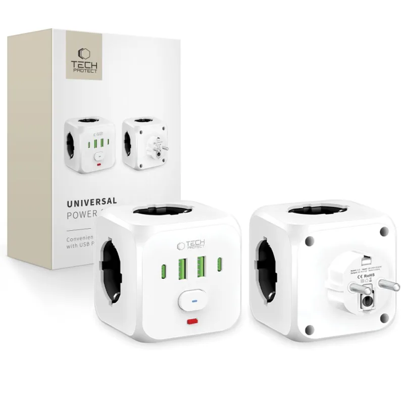Tech-Protect PCL3x4 Power Strip, 2x USB-A, 2x USB-C, 3x AC typ Schuko – biely