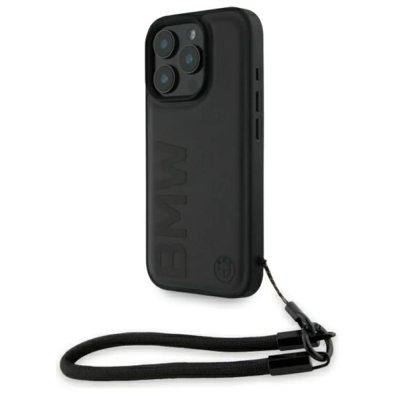 BMW Signature Leather Wordmark Cord Case pre iPhone 16 Pro Max – čierny