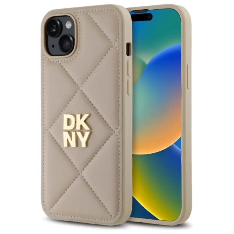 Puzdro DKNY Quilted Stack Logo iPhone 15 Plus – béžové