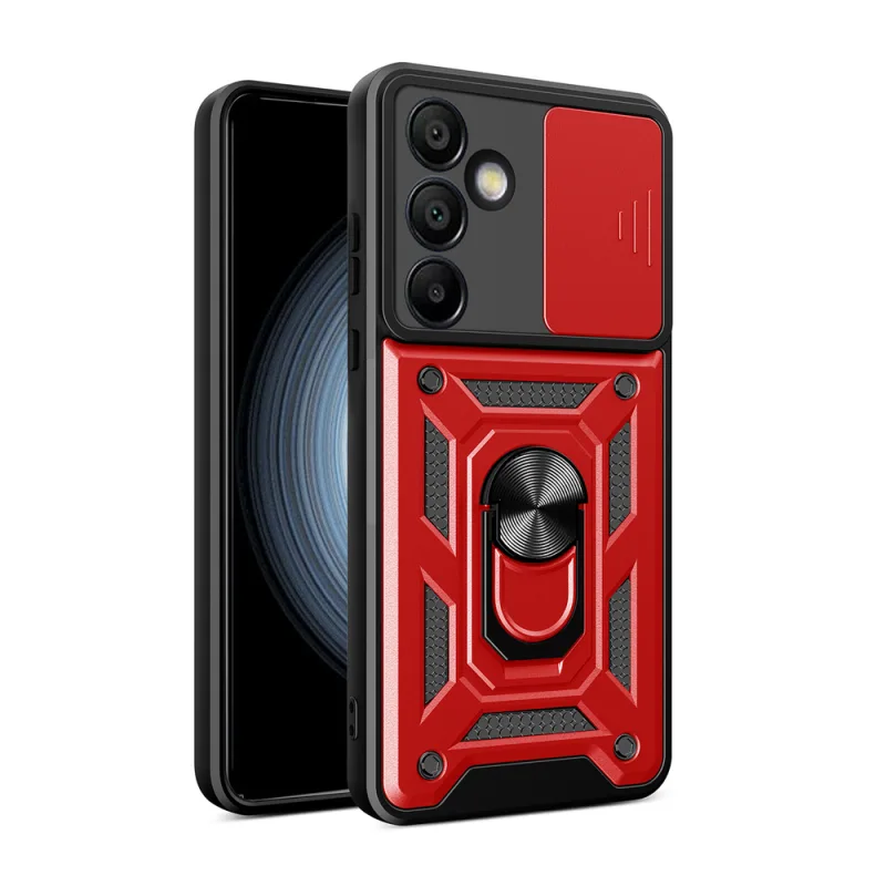 Hybridný Armor Camshield s krytom fotoaparátu a kovovým krúžkom pre Samsung Galaxy S24 FE – červený
