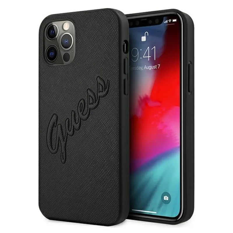 Puzdro Guess Saffiano Vintage Script pre iPhone 12 Pro Max 6,7" - čierne