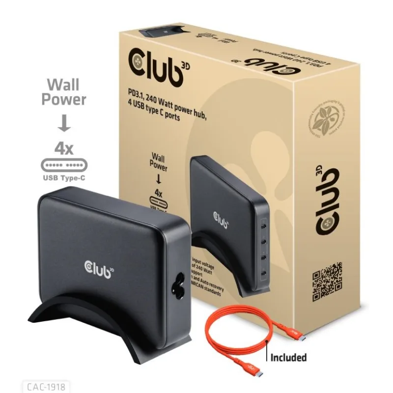 Club3D cestovní nabíječka 240W GaN technologie, 4xUSB-C, PPS + PD 3.1…