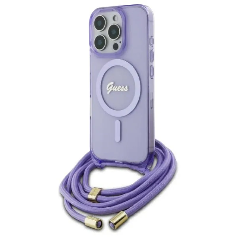 Puzdro Guess Crossbody Cord Script MagSafe pre iPhone 16 Pro Max – fialové