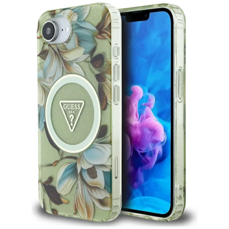 Puzdro Guess IML Metal Glitter Flowers Triangle MagSafe iPhone 16e – zelené