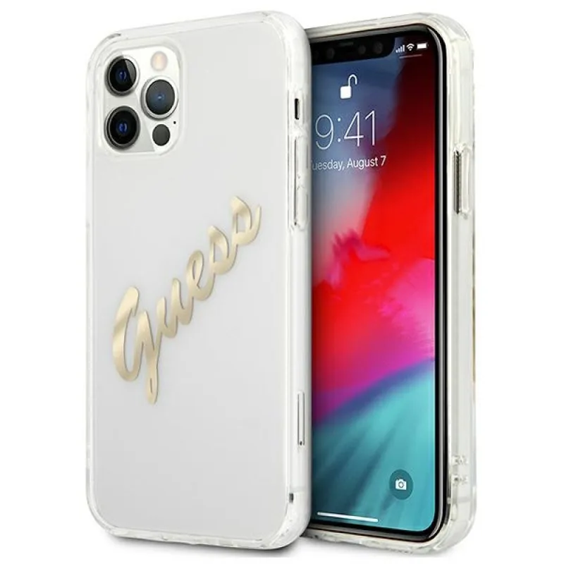 Guess GUHCP12LKTRSVGO iPhone 12 Pro Max 6,7" priehľadné pevné puzdro Vintage Script Gold