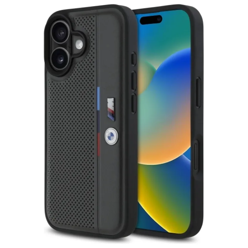BMW M Perforated Tricolor Detail Line Puzdro na iPhone 16 – tmavosivé