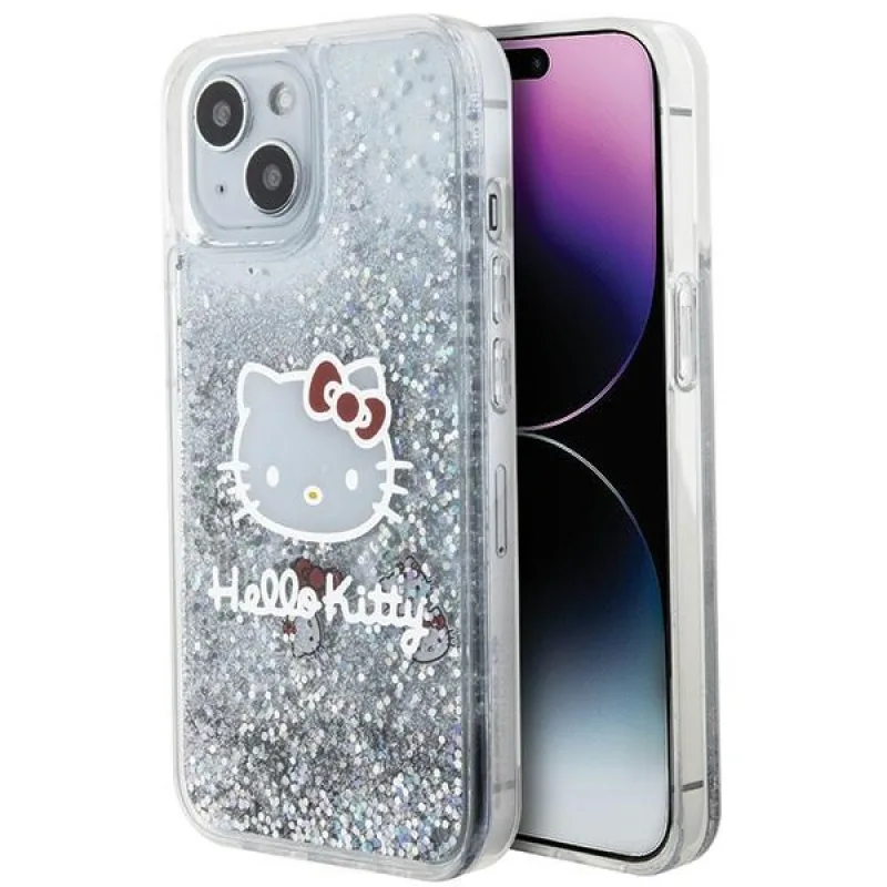 Puzdro Hello Kitty Liquid Glitter Charms Kitty Head pre iPhone 14 - strieborné